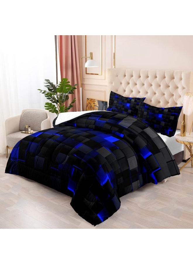 Nttopship Geometric Blue Black Comforter Set, Light Honeycomb 3 Piece Bedding Set Queen Size for Teen Boys, Modern Quilt Set Geometry Decor, Microfiber Lightweight 1 Comforter 2 Pillowcases All Season - Image 1